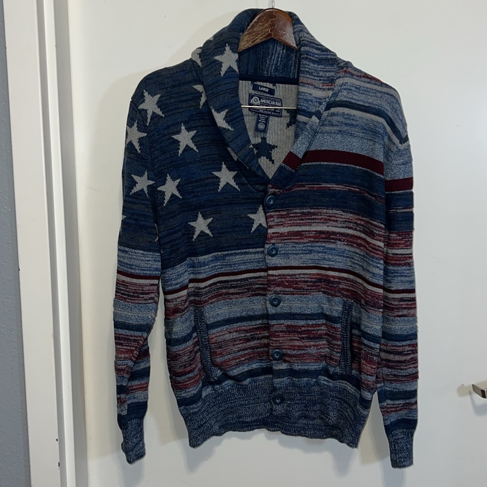 Full Button Down American Rag Flag Sweater Large With Pockets Men Women